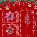 Set of 6 pink glitter artificial Christmas flowers and berry picks for holiday decor - 18Pcs Set (6Pcs Each of 3 Styles) / Deep Pink
