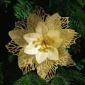 Elegant glittery golden artificial poinsettia flower ornament for Christmas tree decor - Octagonal Dusted Flower / Gold