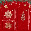 Set of rose gold glitter artificial Christmas flowers and berry branches for festive decor - 18Pcs Set (6Pcs Each of 3 Styles) / Rose Gold