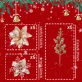 18-piece set of gold glitter Christmas flowers and berry stem decorations for holiday decor - 18Pcs Set (6Pcs Each of 3 Styles) / Champagne Gold