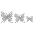 Set aus drei silbernen Glitzer-Schmetterlingen für die weihnachtliche Wohndekoration - Silber