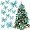Set of double-layer light blue glitter butterfly ornaments for Christmas tree decor - Sky Blue