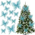 Set aus doppelschichtigen blauen Glitzer Schmetterlingen für Weihnachtsbaum Dekoration - Himmelblau
