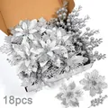 18-piece silver glitter Christmas flowers and berry set for holiday decor - 18Pcs Set (6Pcs Each of 3 Styles) / Silver