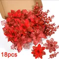 18pcs red glitter artificial Christmas flowers and berries for holiday decoration - 18Pcs Set (6Pcs Each of 3 Styles) / Red