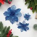Sparkling blue glitter double-layer poinsettia flowers for Christmas tree ornaments. - Blue