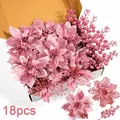 18pcs pink glitter artificial Christmas poinsettia flowers and berry picks holiday decor - 18Pcs Set (6Pcs Each of 3 Styles) / Pink