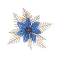 Artificial blue poinsettia flower with gold glittery fern leaves for Christmas decor - Single Layer Ink (No Powder Shedding) / 15cm / Blue + Gold
