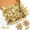 18-piece set of golden glitter artificial Christmas poinsettia flowers and berry stems - 18Pcs Set (6Pcs Each of 3 Styles) / Gold