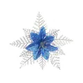 Blue artificial Christmas poinsettia flower with silver glitter snowflake decoration - Single Layer Ink (No Powder Shedding) / 15cm / Blue and Silver