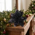 Elegant black artificial poinsettia flower with silver glitter for Christmas decor - Poinsettia Flower / Black