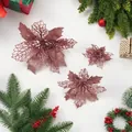 Set of three rose gold glitter poinsettia artificial flowers for Christmas tree decor - Rose Gold