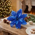 Grande fiore di poinsettia artificiale blu scintillante per decorazioni natalizie - Senza Clip / Pezzo Singolo (14cm) / Blu