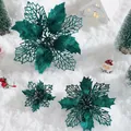 Glittery dark green double-layer artificial poinsettia flower for Christmas tree decoration. - Dark Green