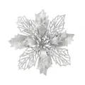 Silver glitter Christmas flower decoration with intricate hollowed-out petal design - 15cm Flower Head / 1 Brush / Silver