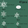 Detailed view of 41pcs clear Christmas snowflake ornament set with sizes in cm and inch. - 41-Piece Snowflake Set / 41 Pieces/Pack / Clear