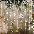 Detail view of clear acrylic Christmas icicle and snowflake pendants for holiday decor. - Set of 18 / Clear White