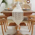 Vintage cream crochet lace table runner with elegant tassels for rustic dining room decor - Zero Flower Grid - Pointed End with Pendant / Length 80