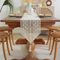 Vintage beige cotton crochet lace table runner with tassels for rustic dining table - Phoenix Tail Floral - Pointed Tip with Pendant / Length 80