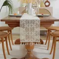 Vintage American country style cream crochet lace table runner with hollow design and tassels. - Butterfly Pattern - Square Cotton Edge / Length 80
