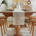 Rustic cream cotton crochet lace table runner with elegant tassels on wooden table - Striped Net Pattern - Square Head Cotton Edge / Length 80