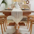 Elegant vintage beige crochet lace table runner with tassel for farmhouse dining decor - Striped Mesh Flower - Pointed Tassel / Length 80 / Off White