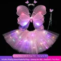 LED glowing pink butterfly wings and star tutu skirt costume set with wand and headband - One Size / Set / Pink