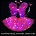 Rose pink glowing butterfly wings and star skirt costume set for girls with fairy wand - One Size / Set / Rose Red