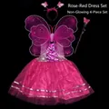 Rose red fairy costume 4-piece set with butterfly wings and wand for girls - One Size / Set / 4-Piece Set (Non-Glowing) / Rose Red