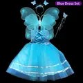 Girls' blue fairy costume 4-piece set including butterfly wings, headband and wand - One Size / Set / 4-Piece Set (Non-Glowing) / Blue