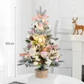 Petit sapin de Noël enneigé de 60cm pour table avec nœuds roses et guirlandes lumineuses LED - 60CM / Sapin Floconné (Thème Rose)