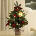 Mini sapin de Noël décoré de 90 cm pour table avec nœuds rouges et lumières LED chaudes - 90cm / Sapin Vert Socle Bois (Thème Rouge)