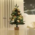 Petit sapin de Noël 45cm avec lumières LED, nœuds dorés et pommes de pin sur bois - 45cm / Sapin Vert Socle Bois (Thème Or)