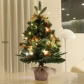 Petit sapin de Noël de 90 cm avec lumières, nœuds dorés et base en toile de jute - 90cm / Sapin Vert Socle Bois (Thème Or)