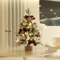Mini sapin de Noël de table floqué de 45 cm décoré de nœuds rouges et de baies - 45cm / Sapin Floconné Socle Bois (Thème Rouge)