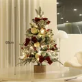 Petit sapin de Noël enneigé de 60 cm avec nœuds rouges, boules dorées et lumières - 60CM / Sapin Floconné Socle Bois (Thème Rouge)