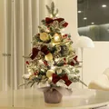 Petit sapin de Noël floqué de 90 cm avec nœuds rouges et lumières LED blanches chaudes - 90cm / Sapin Floconné Socle Bois (Thème Rouge)