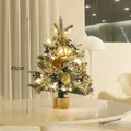 Petit sapin de Noël floqué de 45 cm avec lumières chaudes et ornements dorés - 45cm / Sapin Floconné Socle Bois (Thème Or)