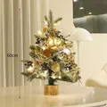 Petit sapin de Noël de 60 cm décoré avec lumières LED chaudes et ornements dorés - 60CM / Sapin Floconné Socle Bois (Thème Or)