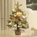 Petit sapin de Noël enneigé de 90 cm avec lumières LED chaudes et boules dorées - 90cm / Sapin Floconné Socle Bois (Thème Or)