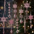 Set of pink acrylic Christmas snowflake and icicle ornaments for tree decoration - 10-Piece Set / Pink