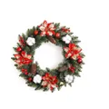 Edler 50 cm Weihnachtsfranz mit roten Weihnachtssternen, Baumwolle und Zapfen für die Feiertage - Rote Kugel und Rote Blumen Stil / 50cm (Ohne Licht)