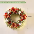 50cm Christmas wreath with red poinsettias, cotton bolls, and warm LED fairy lights. - 50cm Wreath with Light / Red Ball White Edge