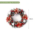 Large 50cm Christmas wreath featuring red poinsettias, berries and frosted pine needles - Red Ball White Edge / 50cm Pack