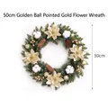 Großer 50cm Weihnachtskranz dekoriert mit goldenen Blumen, Baumwolle und Kiefernzapfen - Goldene Kugel und Goldene Blumen Stil / 50cm (Ohne Licht)