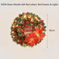 50cm decorative Christmas wreath with LED lights, red poinsettias and festive ornaments. - Red Letters Red Flowers (With Lights) / 50cm / Green