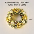 40cm lighted Christmas wreath with gold balls and white edge accents for door decor. - 40cm Wreath with Light / Gold Ball White Edge