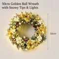 A 50cm Christmas wreath featuring gold ornaments, soft cotton balls, and warm LED lights - 50cm Wreath with Light / Gold Ball White Edge
