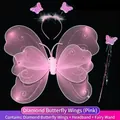 Pink butterfly wings costume set for girls including a matching headband and magic fairy wand - Three-Piece Set (Includes Wings + Headband + Wand) / Double Layer With Diamonds / Pink