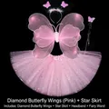 Pink butterfly costume set for girls with wings, tutu skirt and wand - Four-Piece Set (Includes Wings + Skirt + Headband + Wand) / Double Layer With Diamonds + Star Skirt / Pink